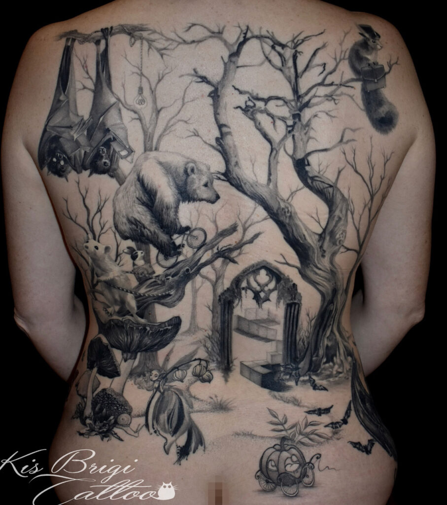 tattoo anansi münchen munich minga wald brigi tätowierer amazing back realismus wald tiere tiermotive1