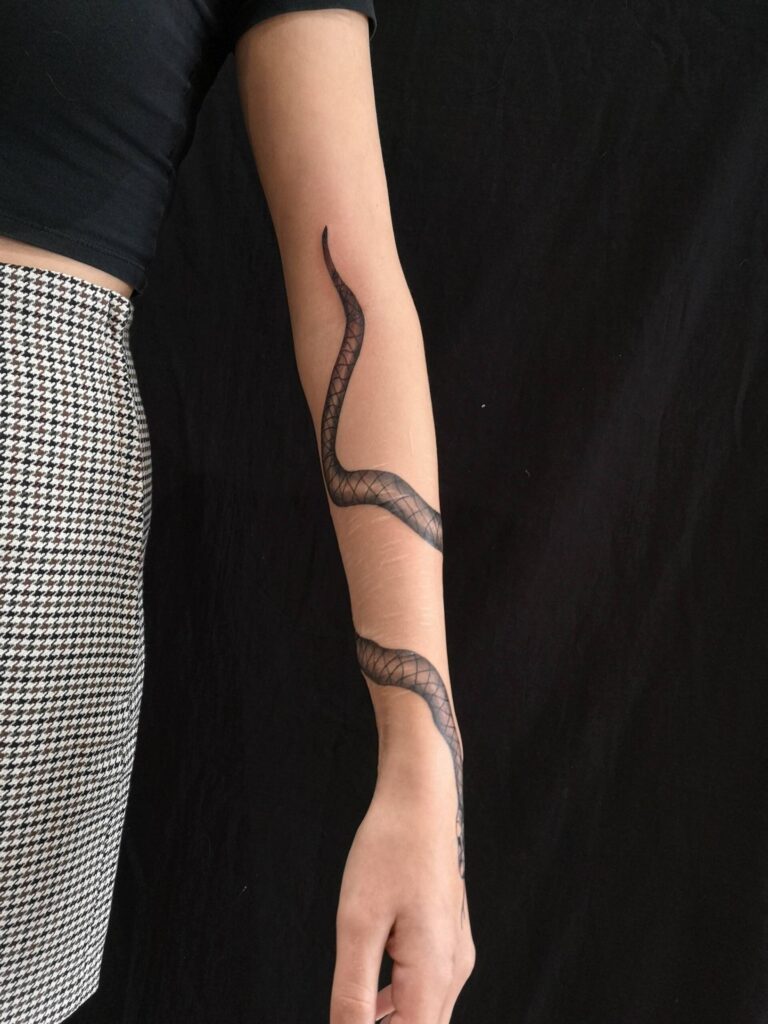 Tattoo Anansi München Artist Patrick neotraditional black and grey snake Schlange wrist Handgelenk scar Narbe